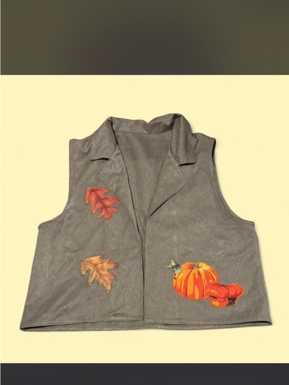 Embroidered Fall Vest with Pumpkin & Leaves - Gray